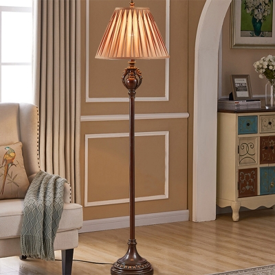 Brown Conical Shade Stand Up Light Traditional Pleated Fabric 1 Light Parlour Floor Lamp