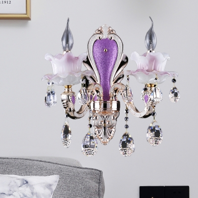 Candle Crystal Droplet Wall Mounted Lamp Traditional 1/2-Head Living Room Wall Light Fixture in Purple
