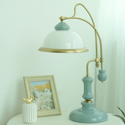 Ceramic Blue Nightstand Light Gooseneck 1-Light Retro Table Lighting with Dome Frosted Glass Shade
