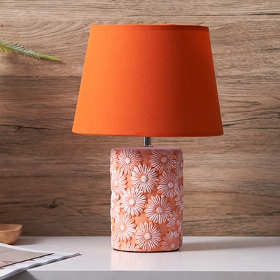 Ceramics Cylinder Night Table Light with Carved Floret Design Traditional 1-Head Bedroom Reading Lamp in Orange