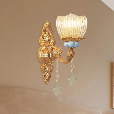 Clear Crystal Floral Wall Lighting Mid Century 1 Bulb Hallway Wall Mount Lamp Fixture in Gold