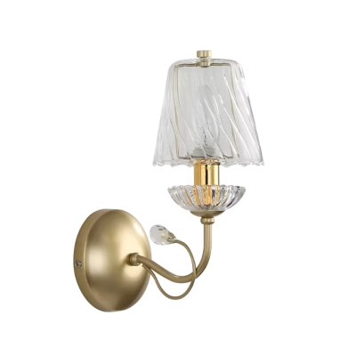 Clear Twisted Glass Cone Wall Light Modern 1-Light Living Room Sconce Lighting Fixture in Gold