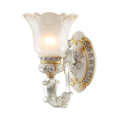 Cream Glass Floral Shade Sconce Light Traditional 1/2-Bulb Bedroom Wall Mount Lamp Fixture in White-Gold