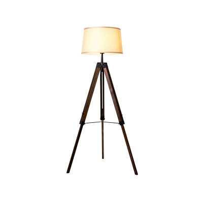 Drum White Fabric Floor Lamp Minimalist Single Wood/Distressed Wood Tripod Standing Floor Light for Bedroom