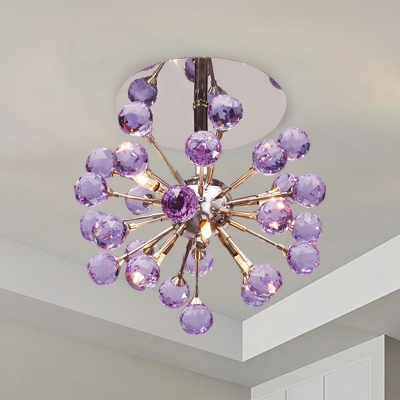 Faceted Crystal Orbs Purple Flushmount Sputnik 6 Bulbs Modernist Semi Flush Mount Ceiling Chandelier