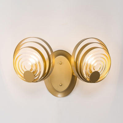 Gold 1/2-Bulb Sconce Lighting Post Modern Metal Multi-Ring Wall Lamp with Ripple Crystal Shade