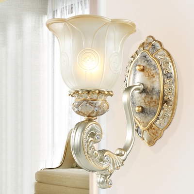Gold 1/2-Head Wall Light Sconce Traditional Milky Glass Flower Shade Up Wall Lamp Fixture