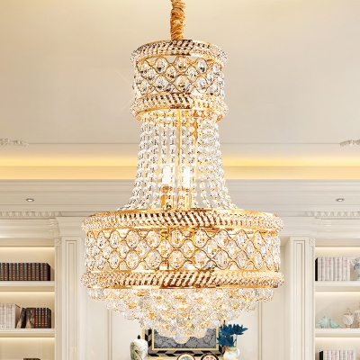 Gold Finish 7-Bulb Pendant Chandelier Traditional Beveled Clear Crystal 2 Layer Ceiling Suspension Light