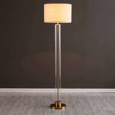 Gold Tube Standing Floor Lamp Modernist 1 Head Clear Glass Floor Light with Drum Flaxen/Beige Fabric Shade