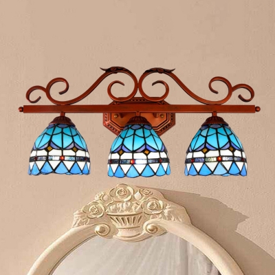 Hand Cut Glass Blue Sconce Lamp Bell Shade 3 Lights Mediterranean Wall Mounted Light