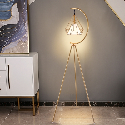 Iron Diamond Cage Floor Lamp Modern 1 Bulb Black/Gold Tripod Standing Lamp with Inner Fabric Shade