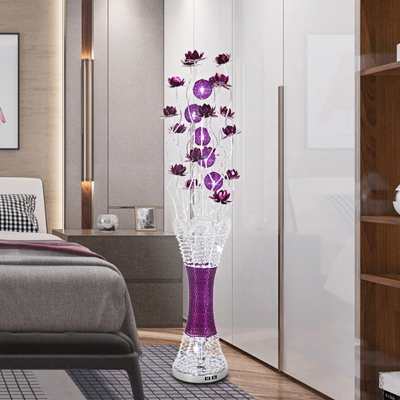 LED Lotus Floor Lighting Art Deco Purple Finish Aluminum Wire Vase Floor Lamp in White/Warm Light