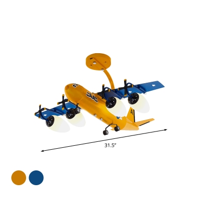 Metallic Airplane Semi Flushmount Cartoon 4 Heads Blue/Yellow Finish Flush Light with Bullet Cream Glass Shade