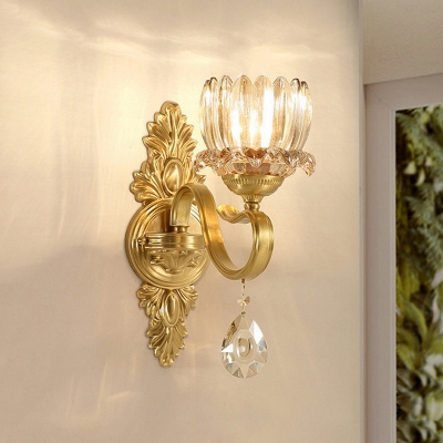 Mid Century Lotus Shade Wall Mount Lighting 1 Head Clear Crystal Glass Wall Lamp for Living Room