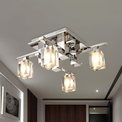Modern 4-Bulb Semi Mount Lighting with Clear Crystal Glass Shade Chrome Finish Cuboid Flush Lamp