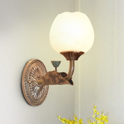 Oiled Bronze Single Wall Lighting Traditional Cream Glass Bud Sconce Light Fixture