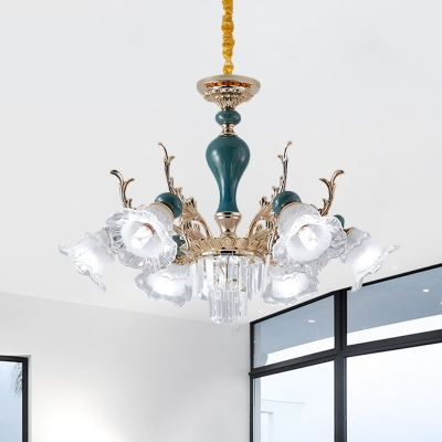 Opaque Glass Green Pendant Chandelier Floret 6-Head Traditionalist Hanging Ceiling Lighting over Dining Table