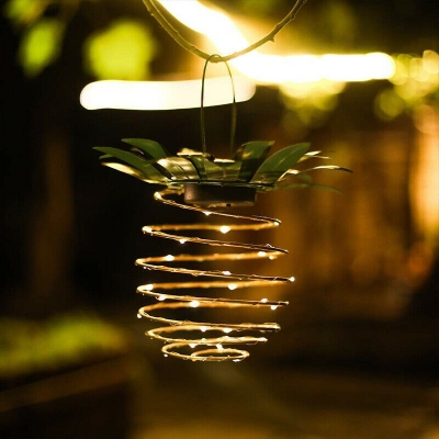 Pineapple Solar Powered Lantern Pendant Modern Portable Metallic Patio Hanging Lamp in Green and Gold