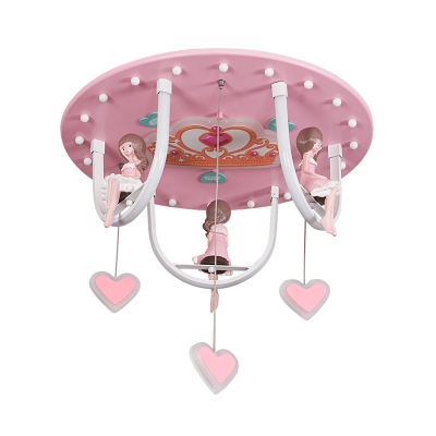 Pink Finish Girl and Swing Flush Lamp Cartoon LED Resin Ceiling Mounted Fixture with Loving Heart Detail