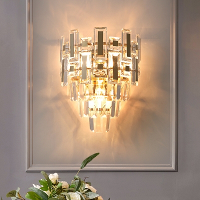 Post Modern 3 Lights Sconce with Crystal Block Shade Gold Finish Tapered Wall Light Fixture