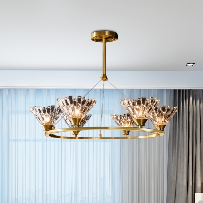 Post Modern Conic Shade Pendant Chandelier 6 Bulbs Beveled Crystal LED Ring Hanging Light in Gold