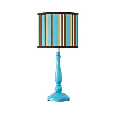 Striped Cylinder Table Stand Lamp Mediterranean Fabric 1-Light Blue Night Light for Bedroom