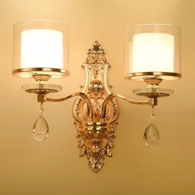 Traditional 2-Tier Cylinder Wall Mounted Light 2 Heads Clear and White Glass Shade Wall Lamp Fixture in Gold