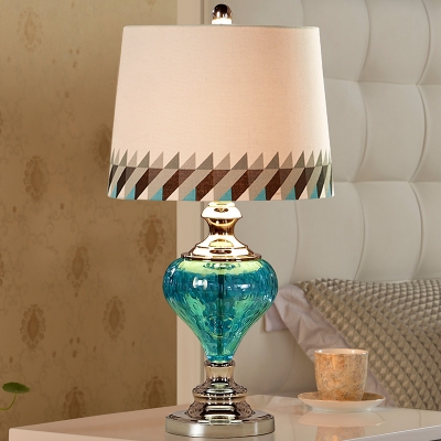 Urn-Shape Bedside Night Table Lamp Traditional Blue Dimpled Glass Single Beige Fabric Desk Light
