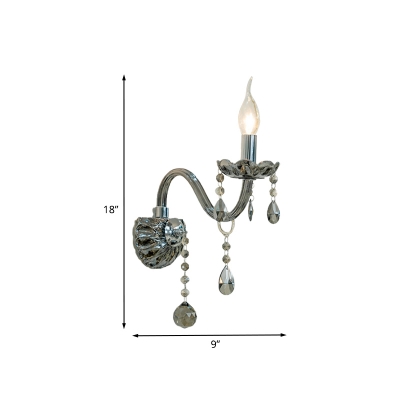 1/2-Light Candle Wall Mounted Lamp Traditional Smoke Gray Crystal Wall Lighting Idea with Gooseneck Arm