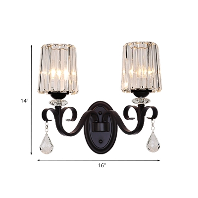 1/2-Light Living Room Wall Light Fixture Minimal Black Wall Mounted Lamp with Cone Crystal Rectangle Shade