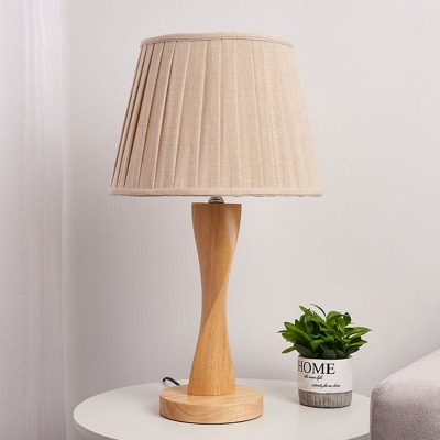 1 Bulb Night Lamp Lodge Living Room Table Light with Twisted Wood Base and Tapered Fabric Shade in Grey/Beige/Flaxen