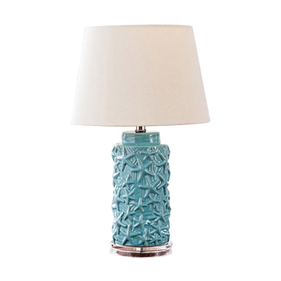 1-Light Ceramic Table Lighting Countryside Blue Embossed-Starfish Cylindrical Living Room Nightstand Lamp with Shade