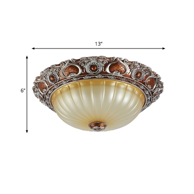 2/3-Light Dome Flush Lighting Retro Brown Finish Ribbed Amber Glass Flush Mounted Lamp Fixture, 13