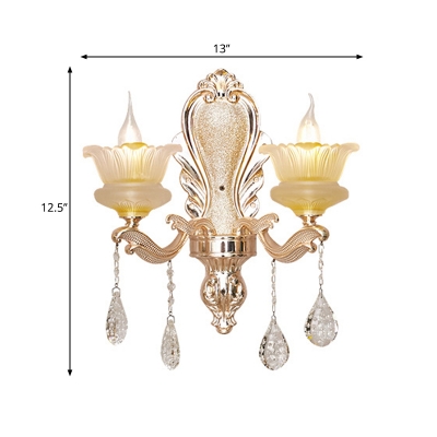 2-Light Wall Mount Lighting Traditional Dining Room Sconce with Flared Frosted Glass Shade in Gold