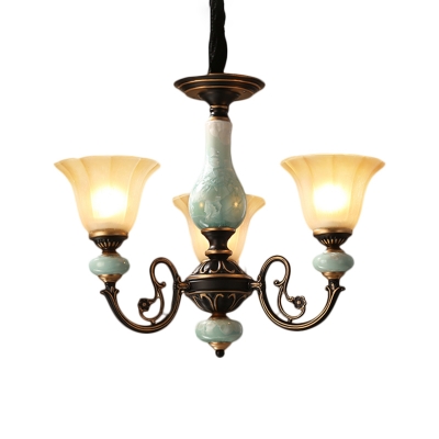 3/5/6-Head Suspension Light with Morning Glory Shade Tan Glass Country Living Room Ceramics Chandelier in Black-Gold