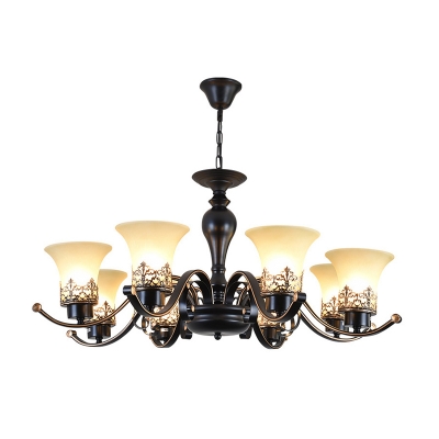 3/6/8 Heads Chandelier Light Fixture Vintage Bell Shade Tan Glass Up Hanging Ceiling Lamp in Black