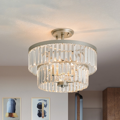 3-Bulb 2 Tiers Flush Light Fixture Minimalist Clear Crystal Semi Mount Lighting for Dining Room