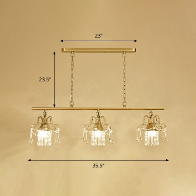 3-Head Crystal Fringe Island Pendant Post-Modern Gold Linear Dining Room Hanging Ceiling Light