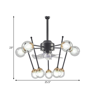 4-Blade 10 Bulbs Parlour Ceiling Fan Light Modern Black Semi Flush Lighting with Ball Clear Glass Shade, 25.5