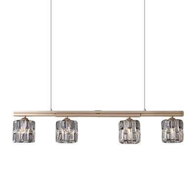 4 Lights Dining Room Island Lighting Minimalist Gold Pendant Lamp with Cylinder Clear/Smoke Gray Crystal Shade