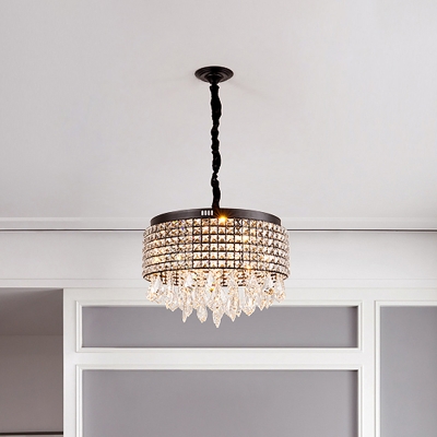 5-Head Faceted Crystal Chandelier Pendant Modern Black Drum Dining Table Hanging Lamp with Rhombus Chain Drops