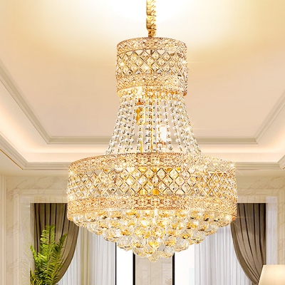 5 Lights Ceiling Chandelier Traditional 2-Layer Round Clear Crystal Pendant Lamp Fixture in Gold