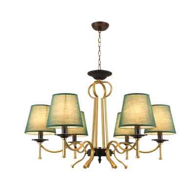 6/8 Lights Ceiling Chandelier Traditional Barrel Shade Fabric Pendulum Lamp in Blackish Green/Flaxen
