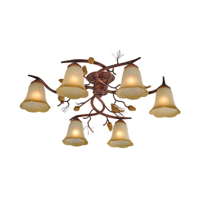 6-Head Semi Mount Lighting Country Branch Metallic Close to Ceiling Lamp with Flower Umber Glass Shade in Red Brown