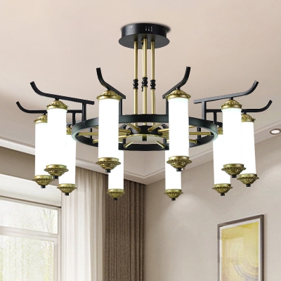 8/10 Bulbs Opal Glass Hanging Chandelier Vintage Black and Gold Tube Living Room LED Pendant with Wheel Design