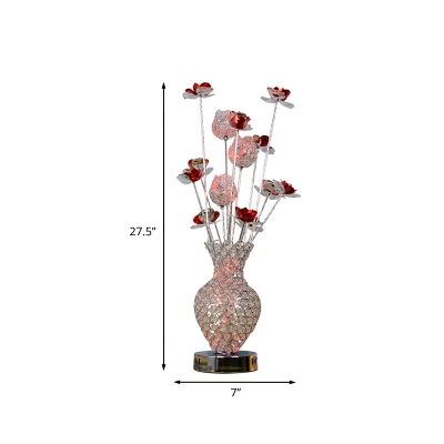 Art Deco Vase and Floret Desk Lamp Aluminum Wire LED Night Table Light in Silver and Red