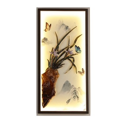 Asian LED Flush Wall Sconce Black Butterfly and Grass Wall Mount Mural Light with Aluminum Frame