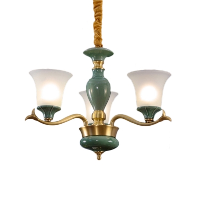 Bell Shade Drawing Room Hanging Chandelier Country Style Frosted Glass 3/6-Light Green Ceramics Pendant Lamp