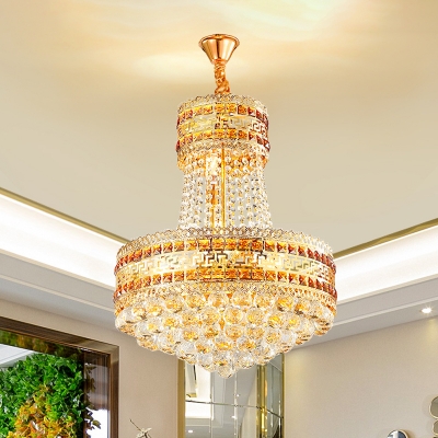 Beveled Crystal Gold Finish Chandelier 2 Layer Round 8 Heads Traditional Hanging Ceiling Light
