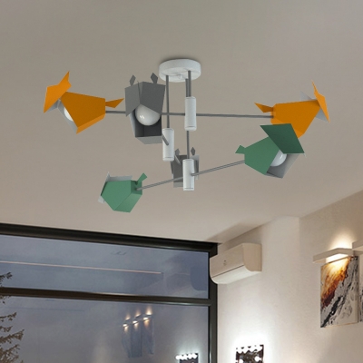 Bird-Like Kids Room Semi Flush Lighting Metal 6-Bulb Cartoon Flush Mount Lamp Fixture in Grey-Yellow-Green